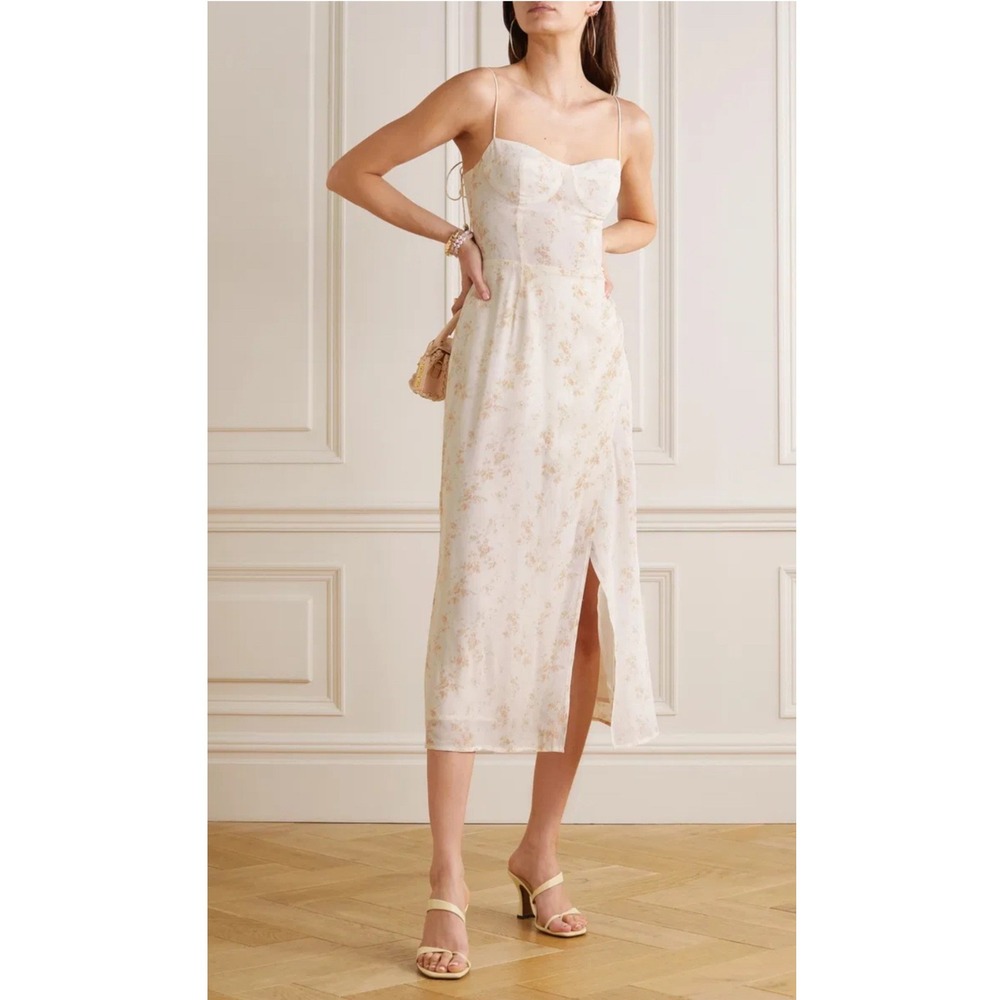Reformation Kourtney Dress Midi Wrap Skirt High Slit Smocked Oat Floral Cream